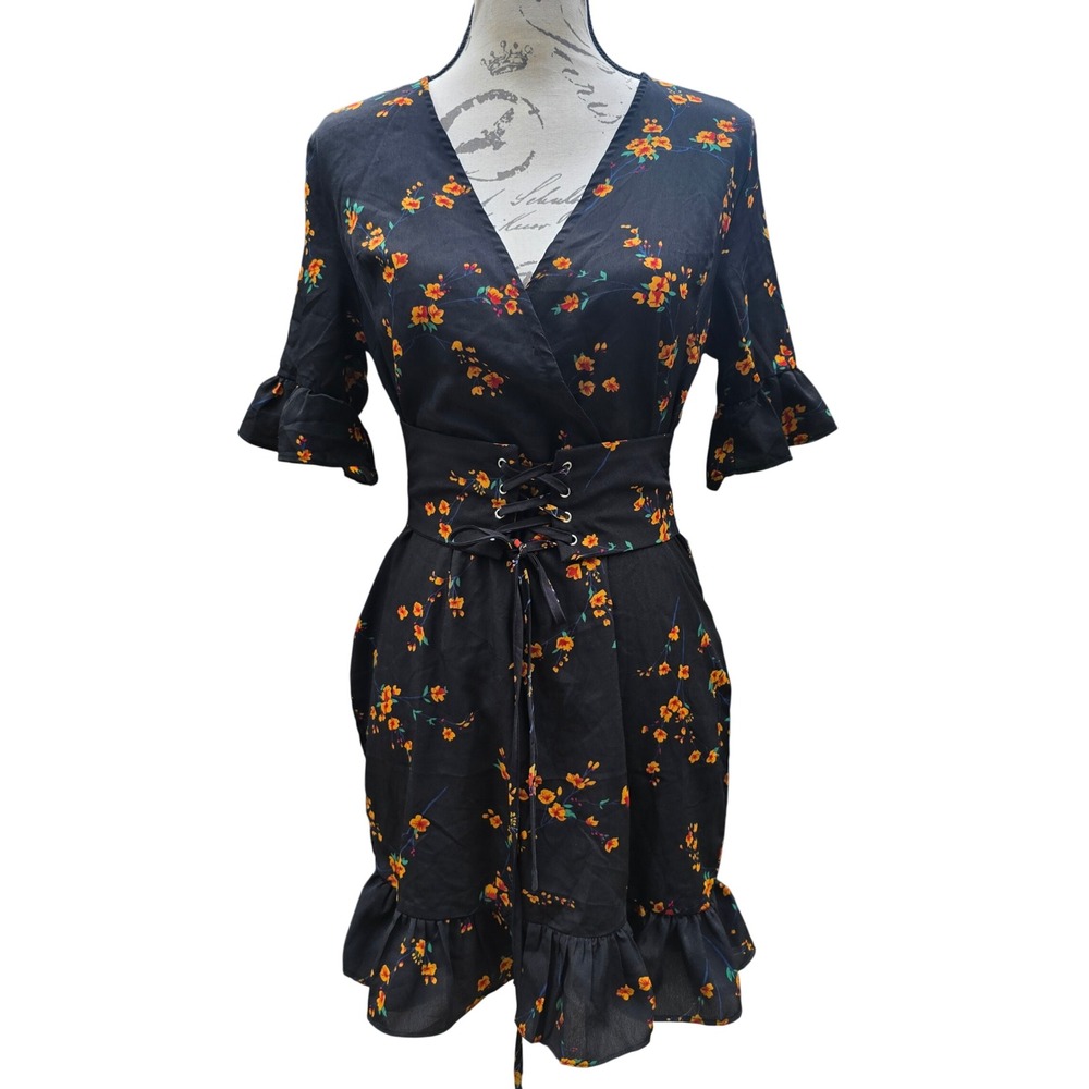 PrettyLittleThing NWT Black Floral Corset Swing Dress Mini Ruffle Sleeve Size 6 - Picture 4 of 12